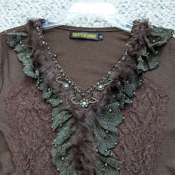 Women's Brown V-Neck Sweater with Beading Faux-Fur & Lace Detailing - Picture 10 of 16